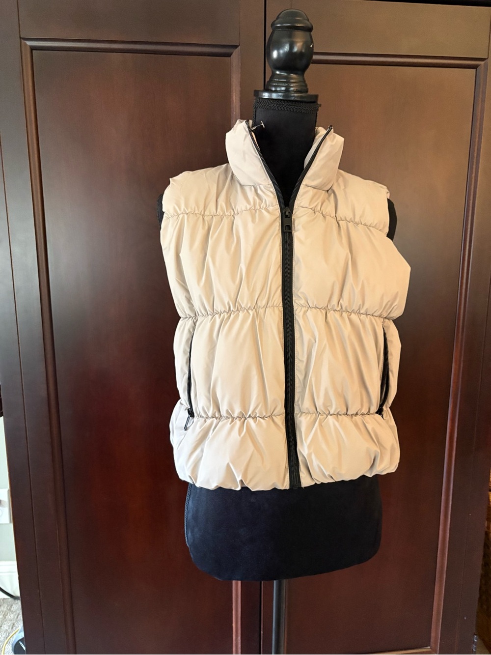 Love Tree Tan Quilted Puffer Vest with Black Trim